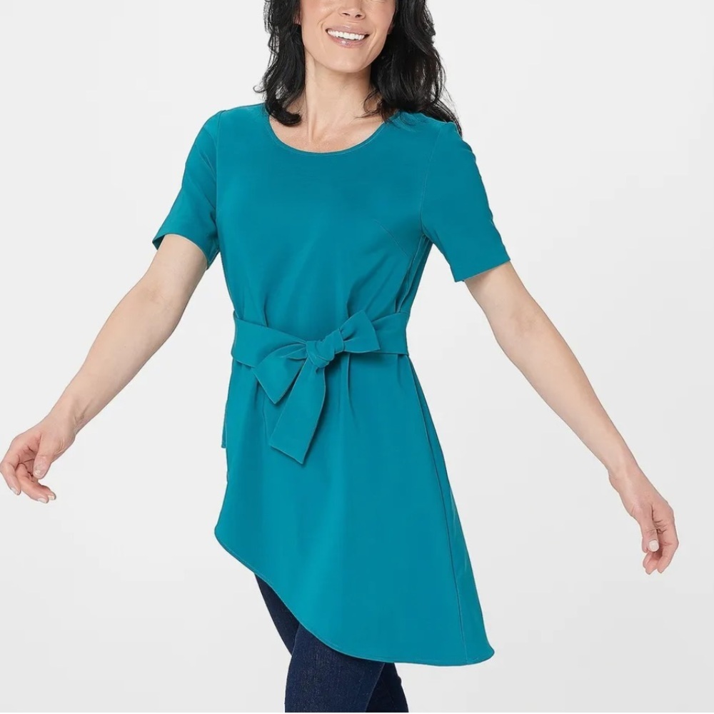G.I.L.I. Asymmetrical Peplum Top with Tie Detail, Jade Green, Size S